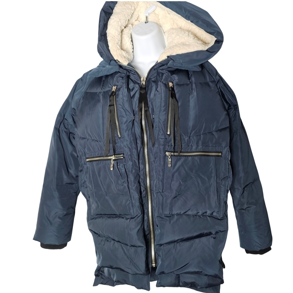 Orolay Navy Blue Duck Down Puffer Jacket Womens S Sherpa Hood Pockets Parka Coat